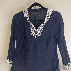Women's Talbots Navy/White Linen Top Petite